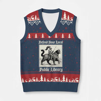 Defend Your Local Public Library V-Neck Knit Sweater Vest Knight Cat for Fantasy Book Lovers