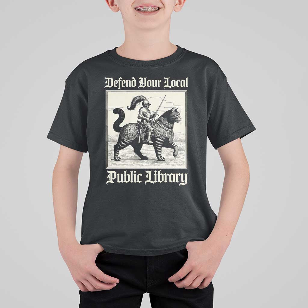 Defend Your Local Public Library T Shirt For Kid Knight Cat for Fantasy Book Lovers