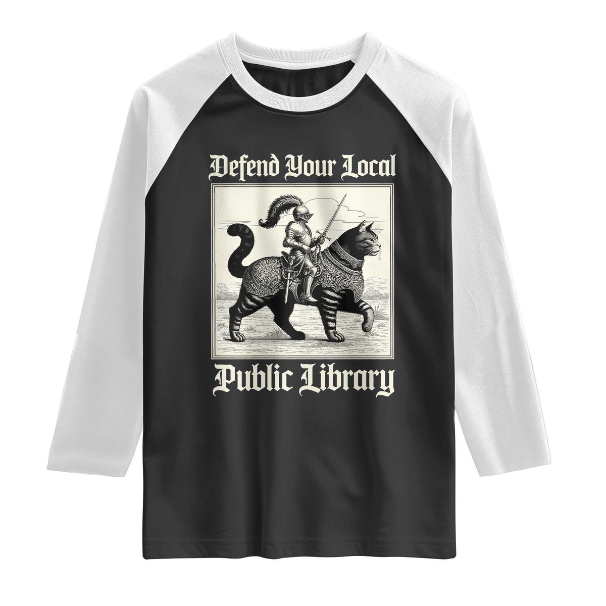 Defend Your Local Public Library Raglan Shirt Knight Cat for Fantasy Book Lovers