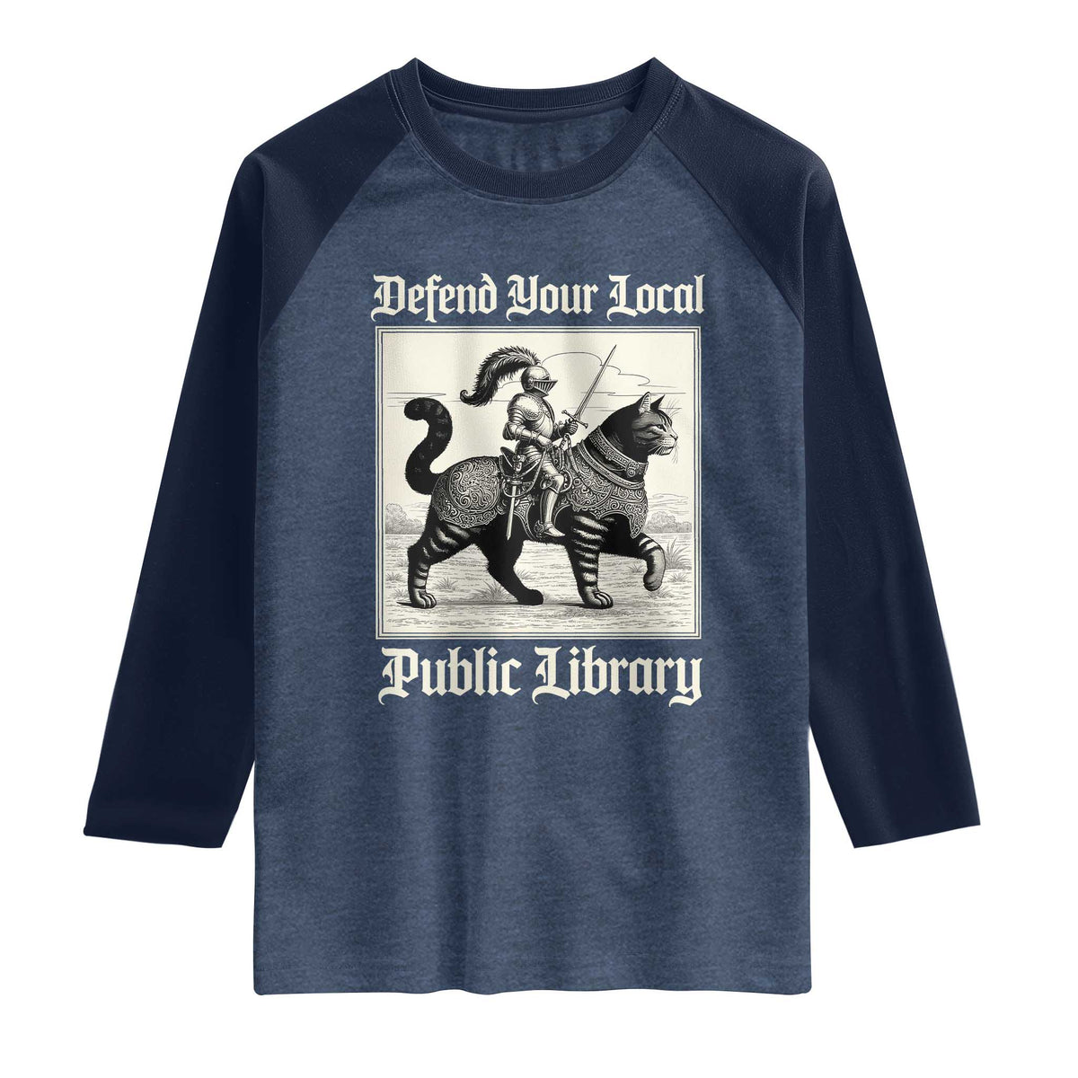 Defend Your Local Public Library Raglan Shirt Knight Cat for Fantasy Book Lovers