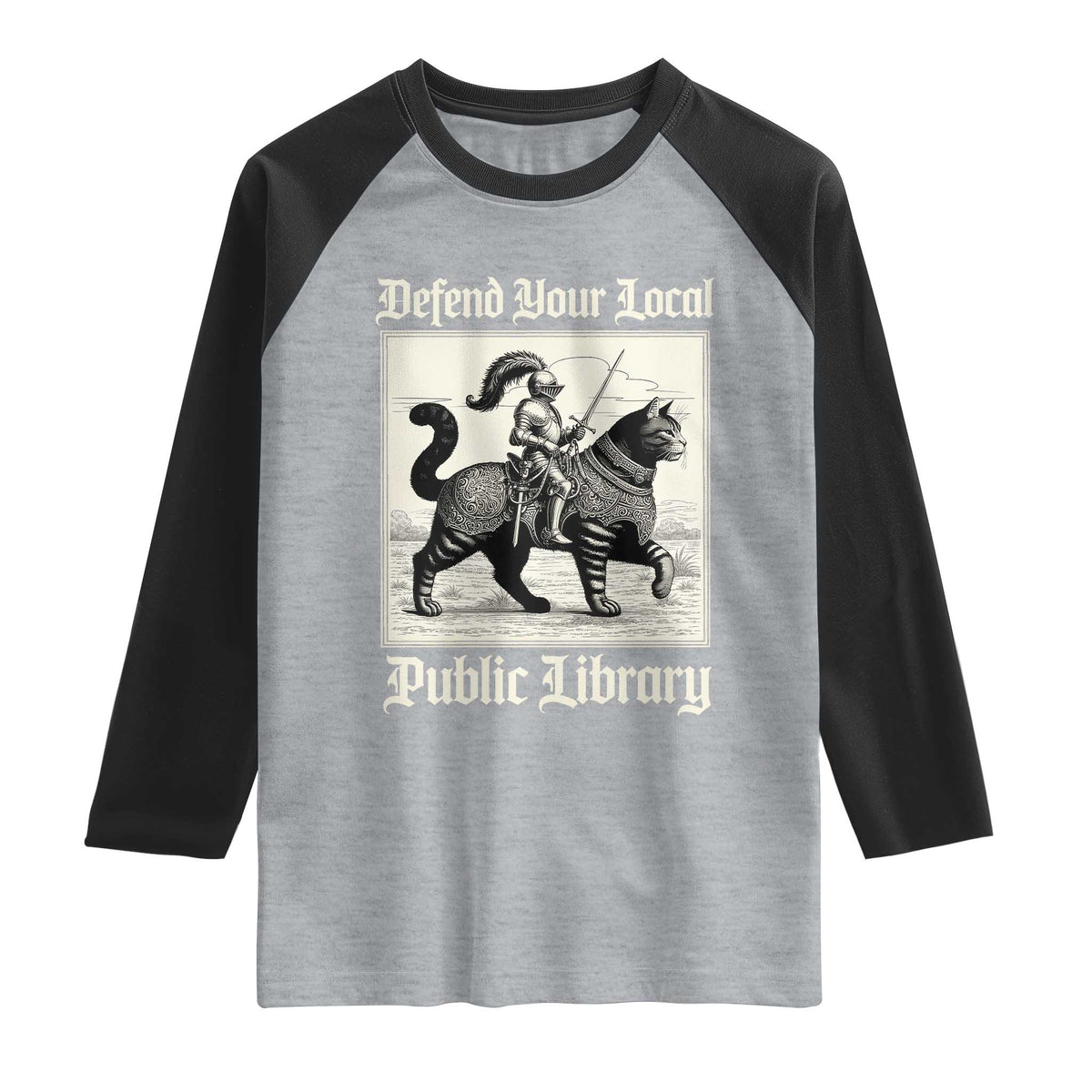 Defend Your Local Public Library Raglan Shirt Knight Cat for Fantasy Book Lovers