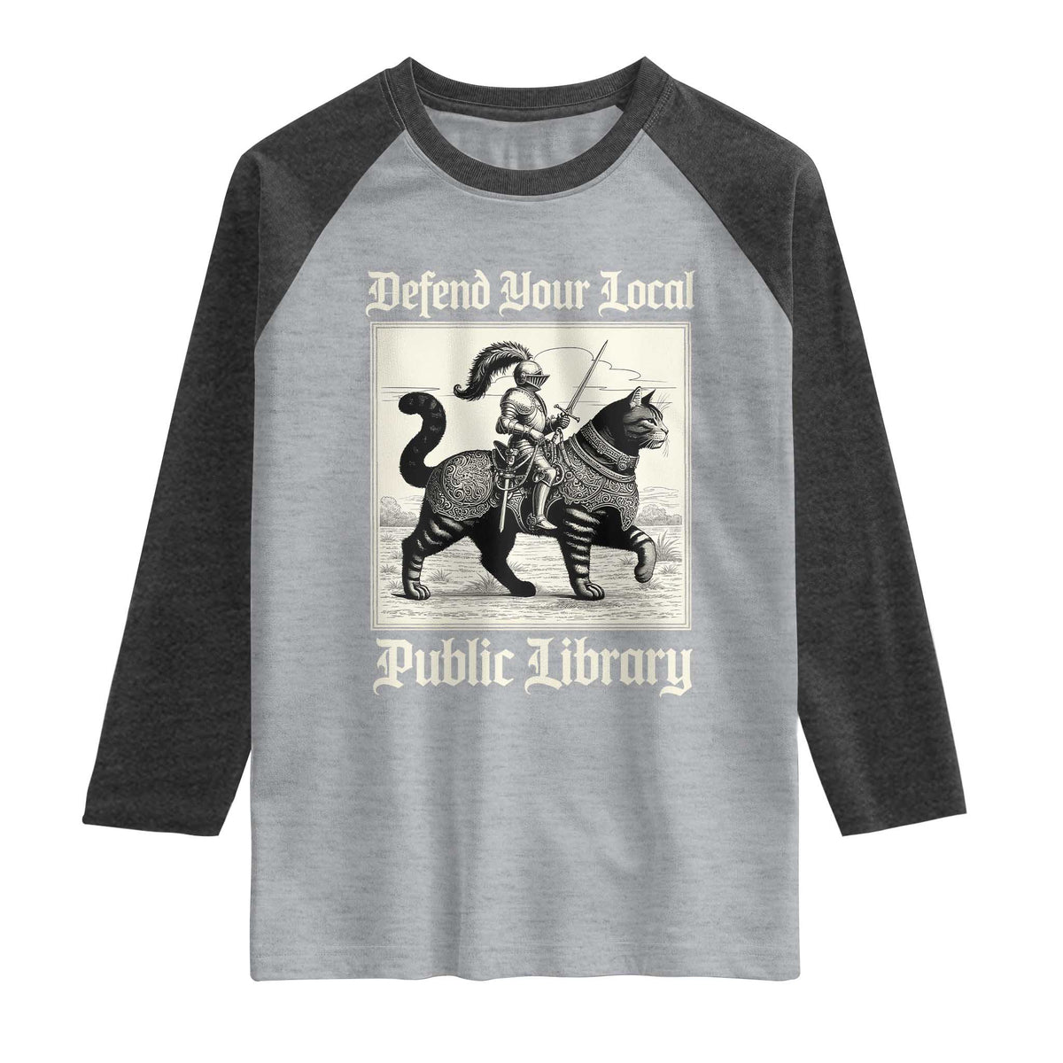 Defend Your Local Public Library Raglan Shirt Knight Cat for Fantasy Book Lovers