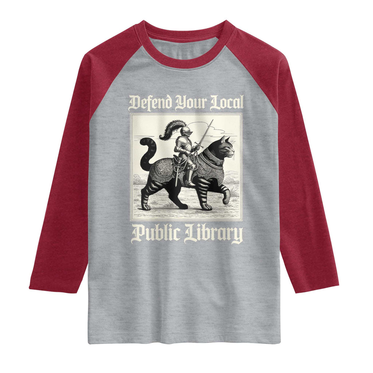 Defend Your Local Public Library Raglan Shirt Knight Cat for Fantasy Book Lovers