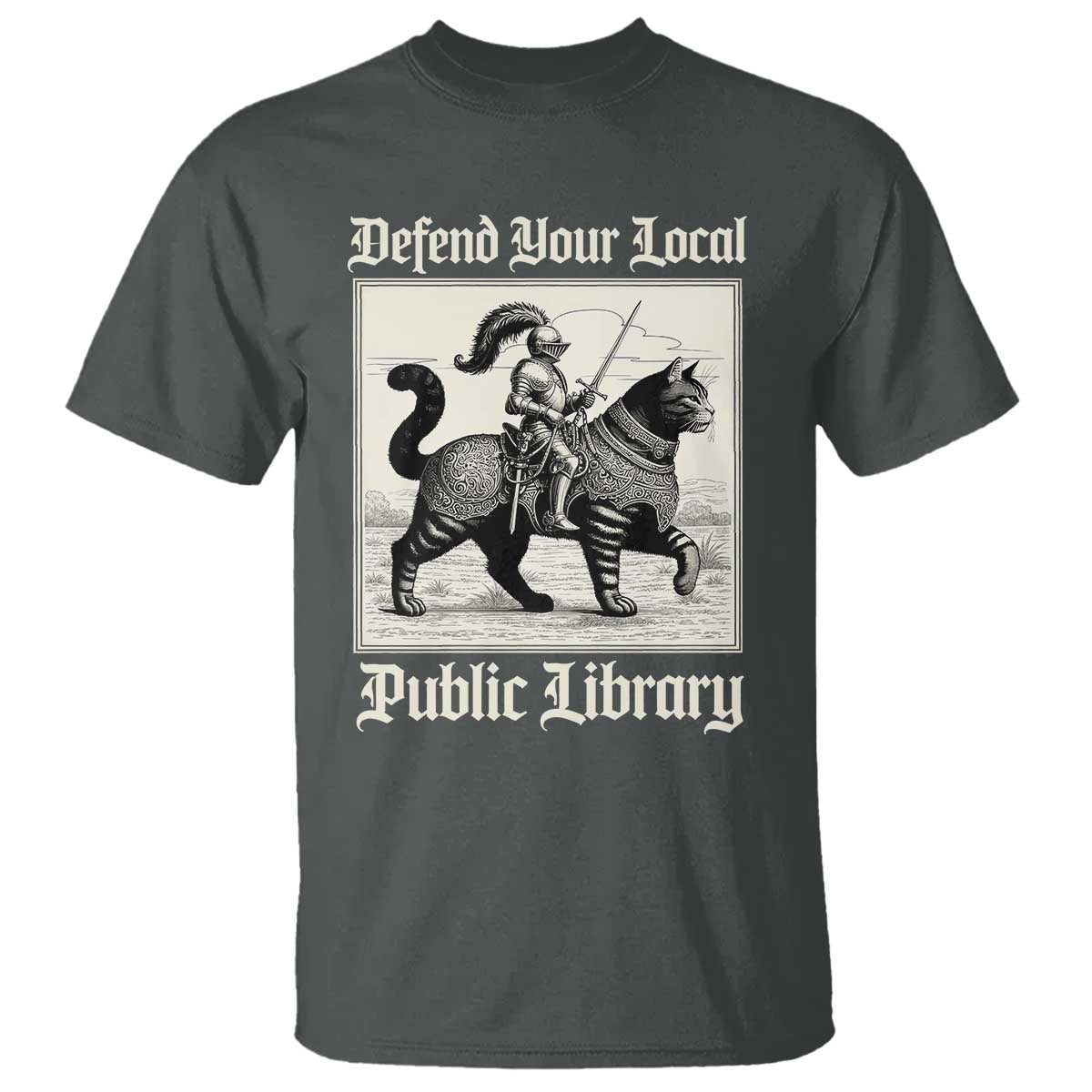 Defend Your Local Public Library T Shirt Knight Cat for Fantasy Book Lovers