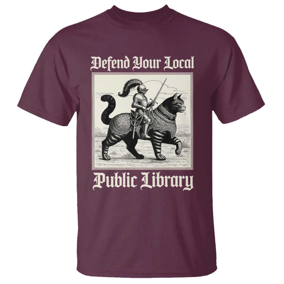 Defend Your Local Public Library T Shirt Knight Cat for Fantasy Book Lovers