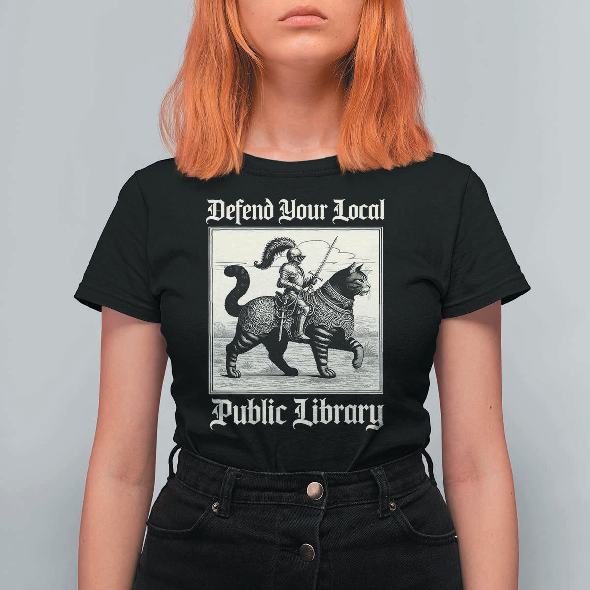 Defend Your Local Public Library T Shirt For Women Knight Cat for Fantasy Book Lovers