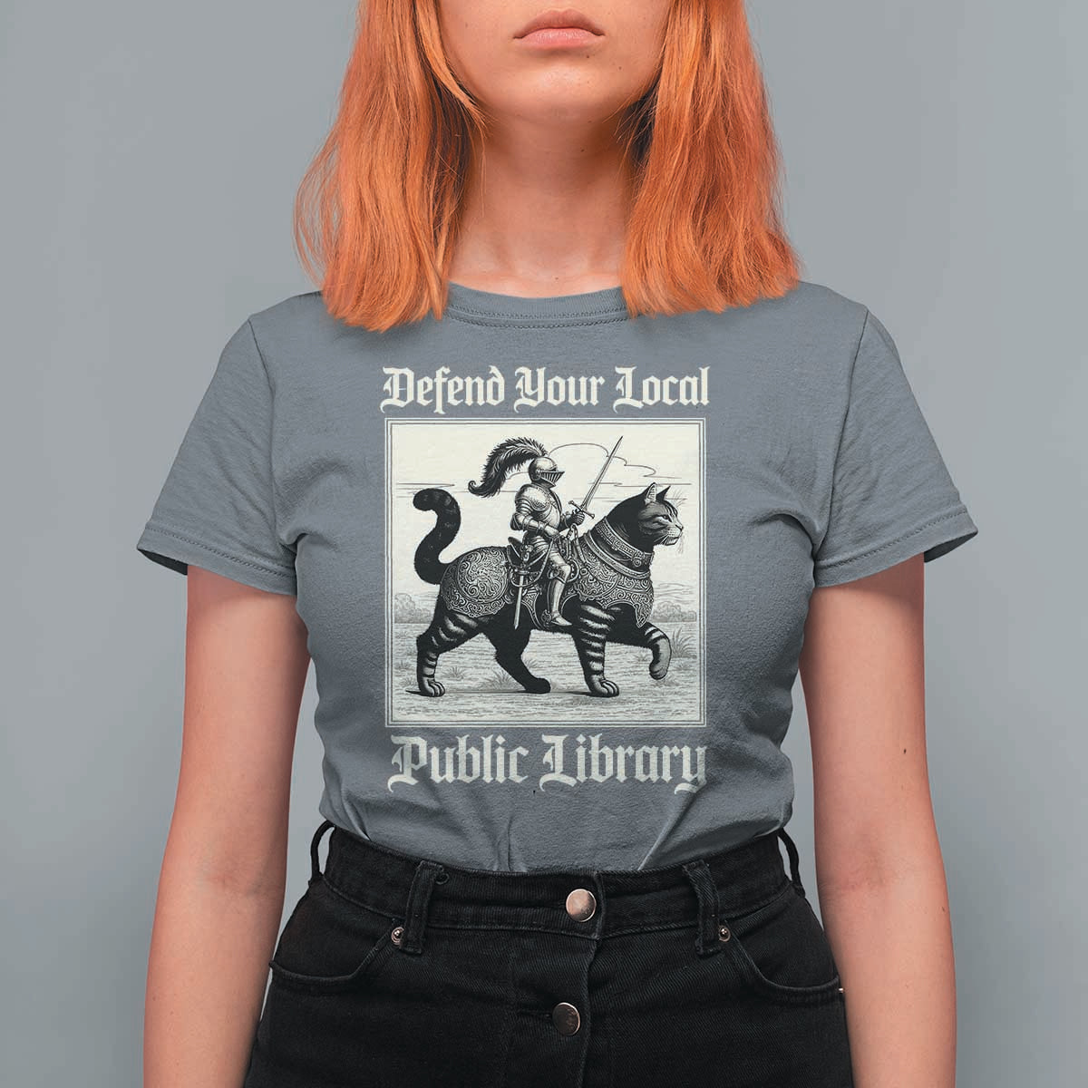 Defend Your Local Public Library T Shirt For Women Knight Cat for Fantasy Book Lovers