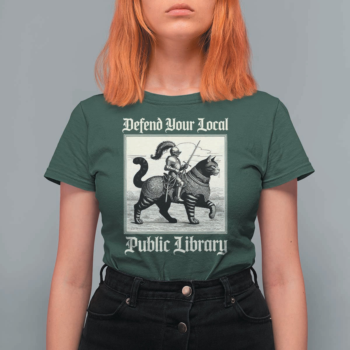 Defend Your Local Public Library T Shirt For Women Knight Cat for Fantasy Book Lovers