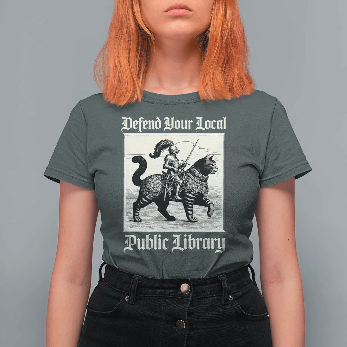 Defend Your Local Public Library T Shirt For Women Knight Cat for Fantasy Book Lovers