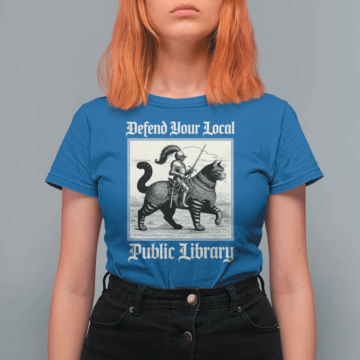 Defend Your Local Public Library T Shirt For Women Knight Cat for Fantasy Book Lovers
