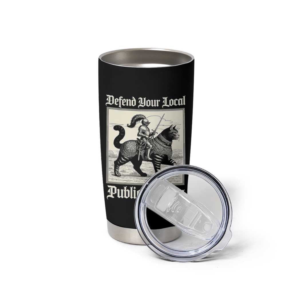 Defend Your Local Public Library Tumbler Cup Knight Cat for Fantasy Book Lovers
