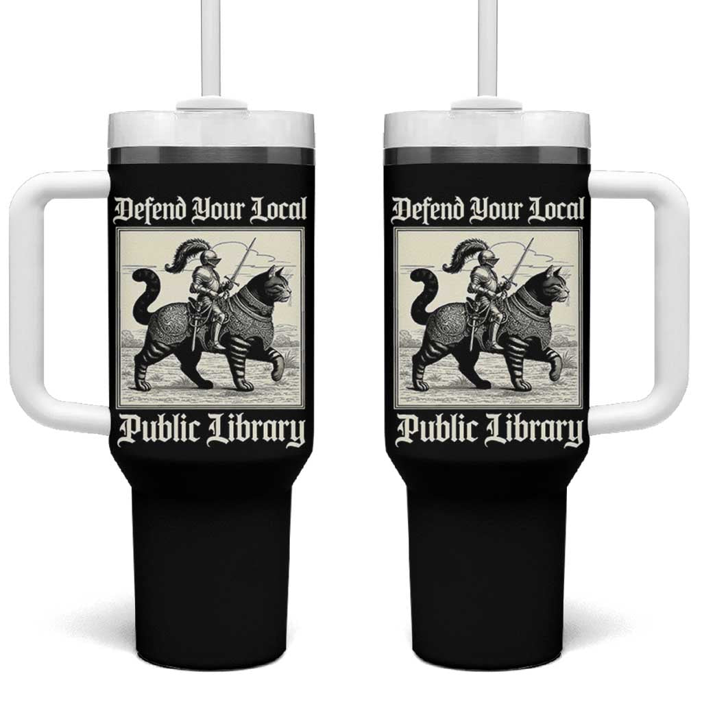 Defend Your Local Public Library Tumbler With Handle Knight Cat for Fantasy Book Lovers