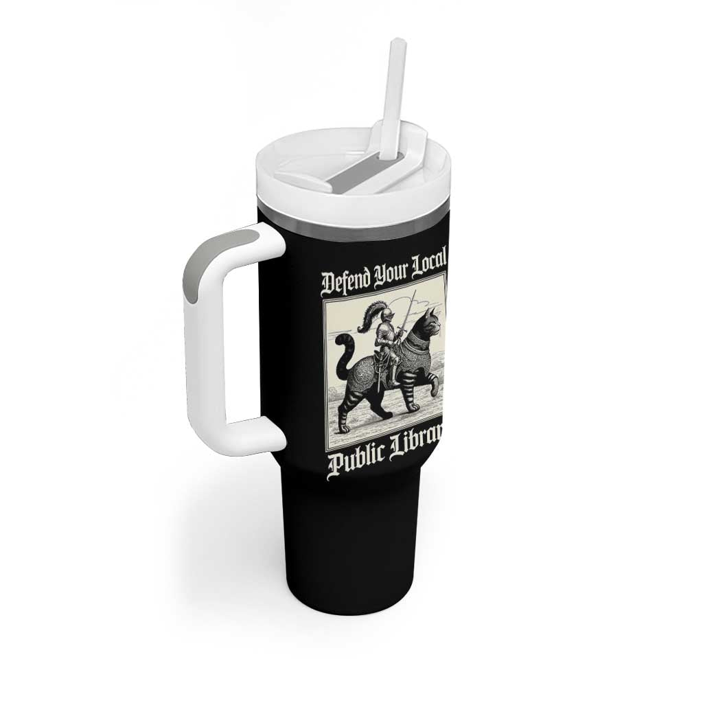 Defend Your Local Public Library Tumbler With Handle Knight Cat for Fantasy Book Lovers