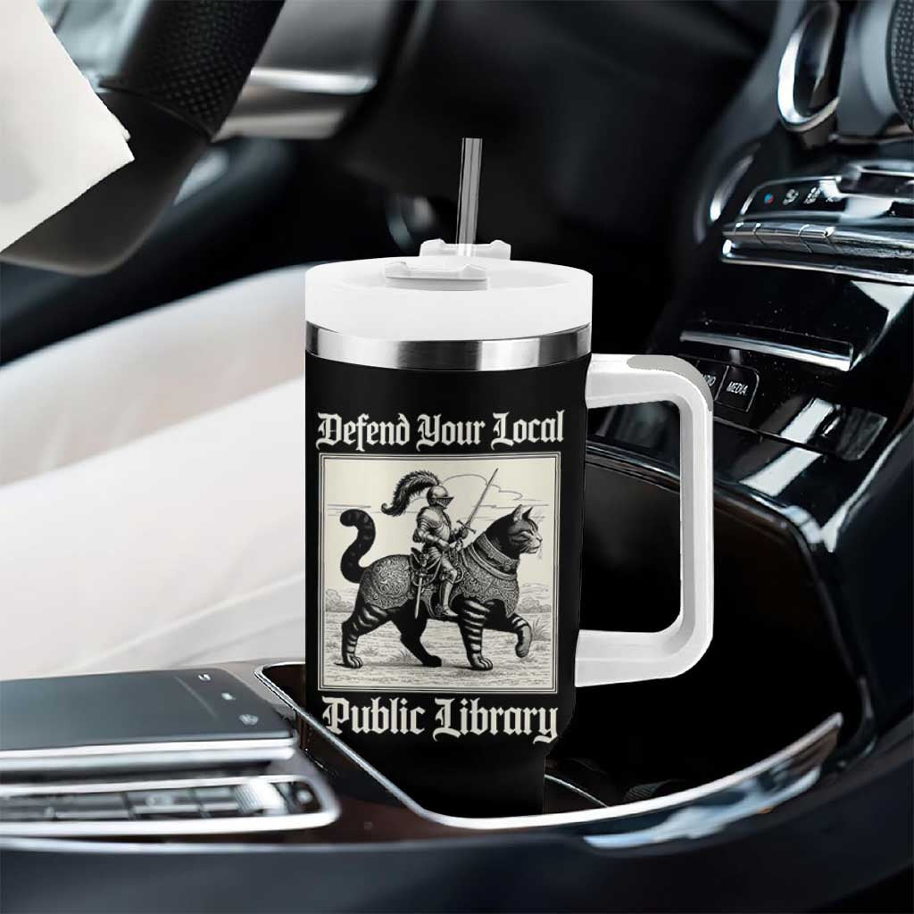 Defend Your Local Public Library Tumbler With Handle Knight Cat for Fantasy Book Lovers
