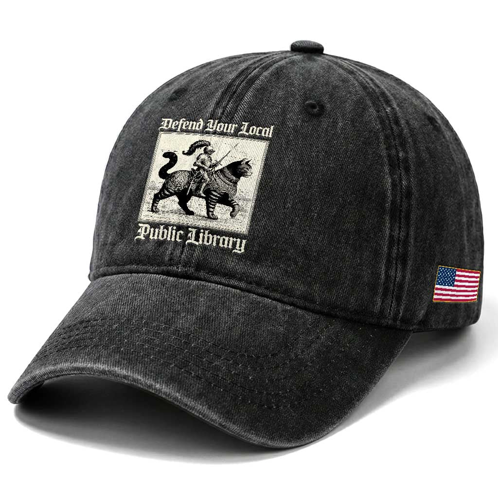 Defend Your Local Public Library Washed Cotton Baseball Cap Knight Cat for Fantasy Book Lovers