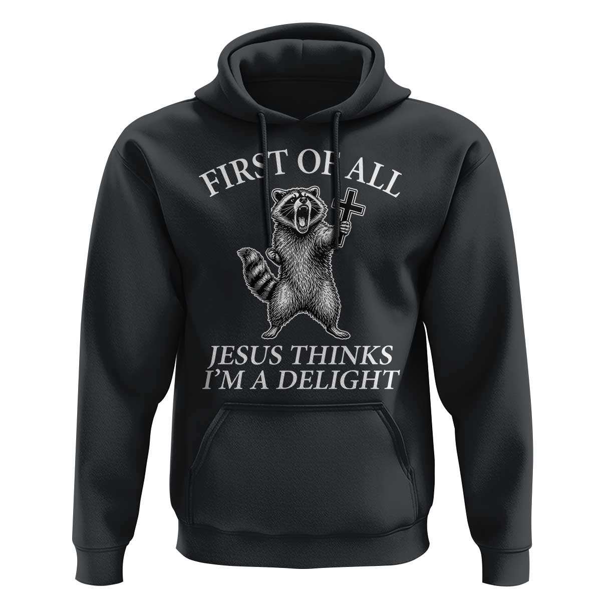 First of All Jesus Thinks I Am A Delight Hoodie Funny Raccoon