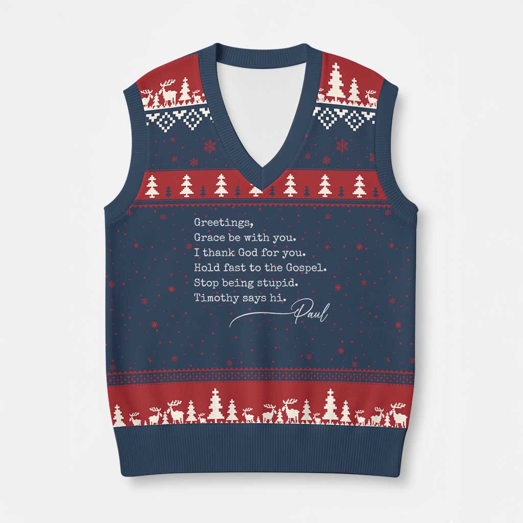 Greetings Grace Be with You I Thank God for You Hold Fast V-Neck Knit Sweater Vest Christian Pauline Greetings