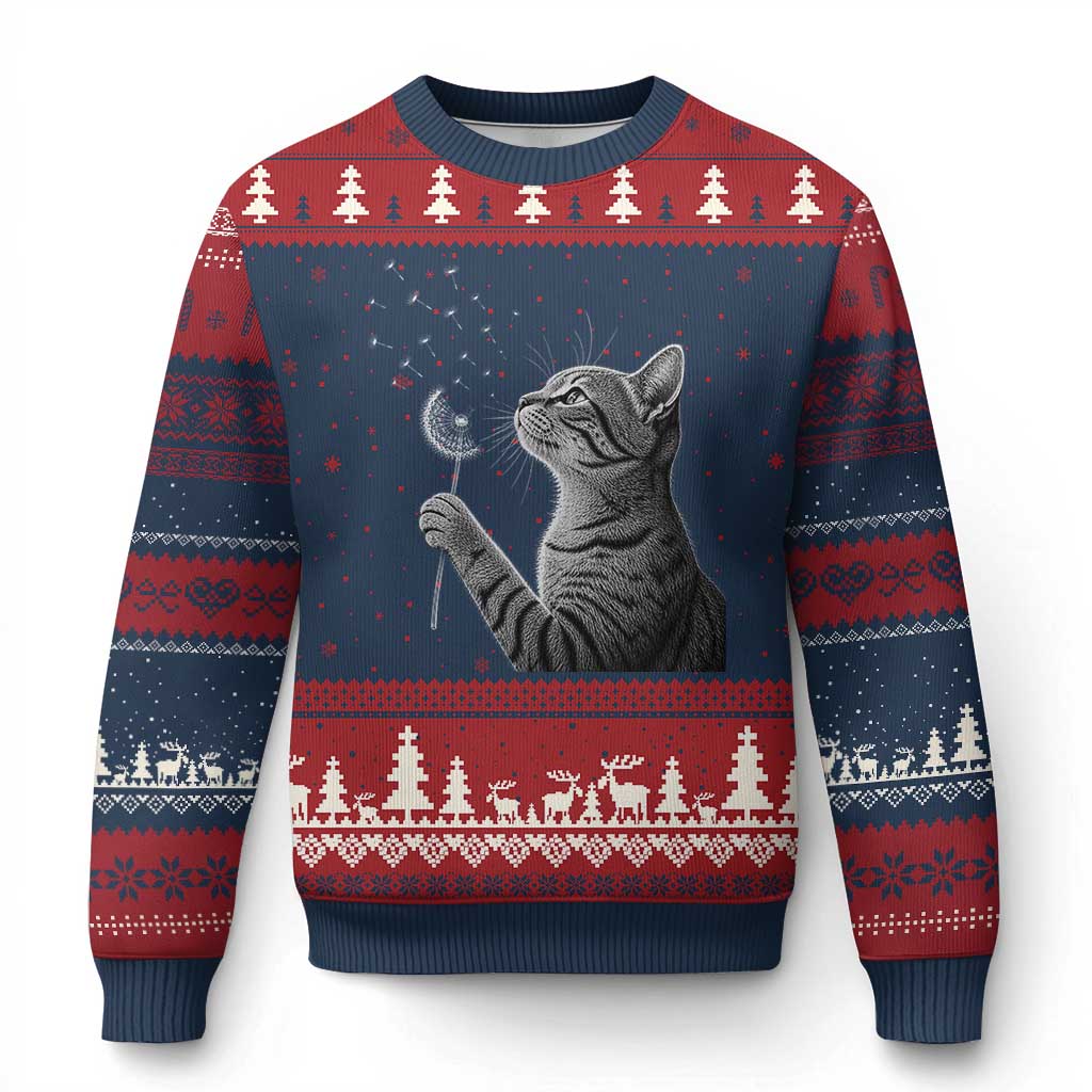 Cat Blowing Dandelion Ugly Christmas Sweater Kitten Making A Wish Nature Art