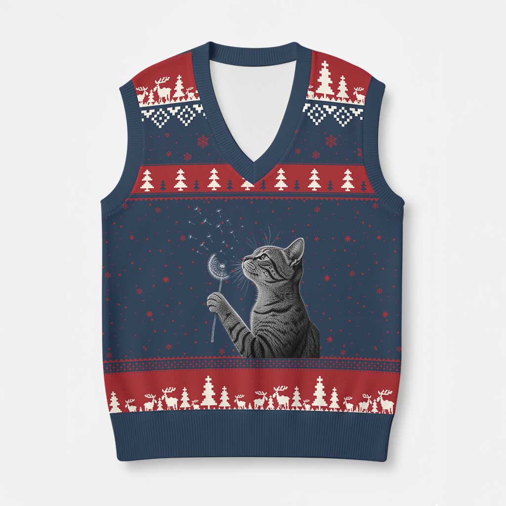 Cat Blowing Dandelion V-Neck Knit Sweater Vest Kitten Making A Wish Nature Art