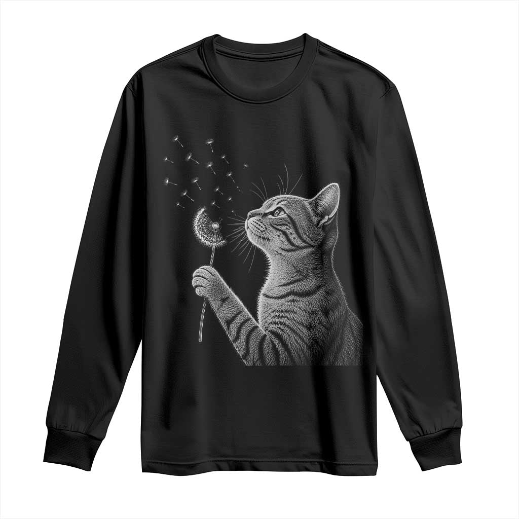 Cat Blowing Dandelion Long Sleeve Shirt Kitten Making A Wish Nature Art