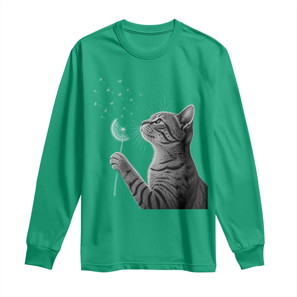 Cat Blowing Dandelion Long Sleeve Shirt Kitten Making A Wish Nature Art