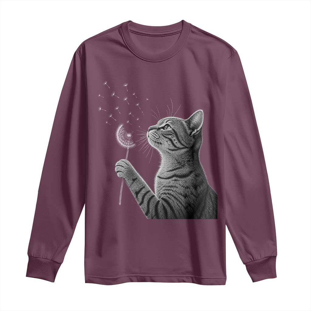 Cat Blowing Dandelion Long Sleeve Shirt Kitten Making A Wish Nature Art