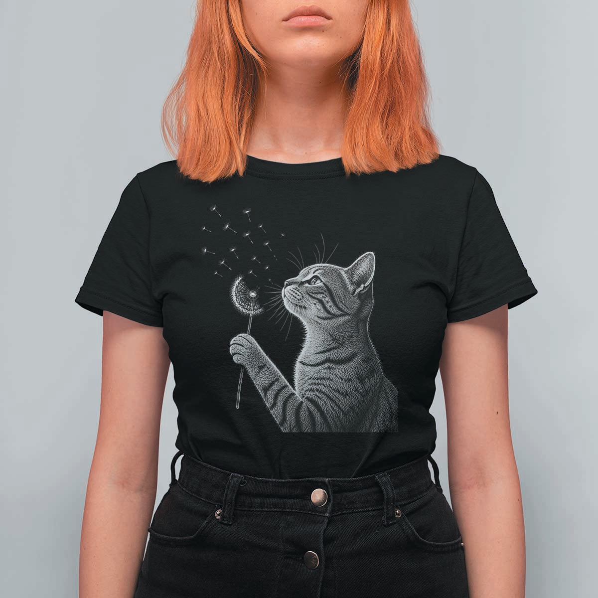 Cat Blowing Dandelion T Shirt For Women Kitten Making A Wish Nature Art