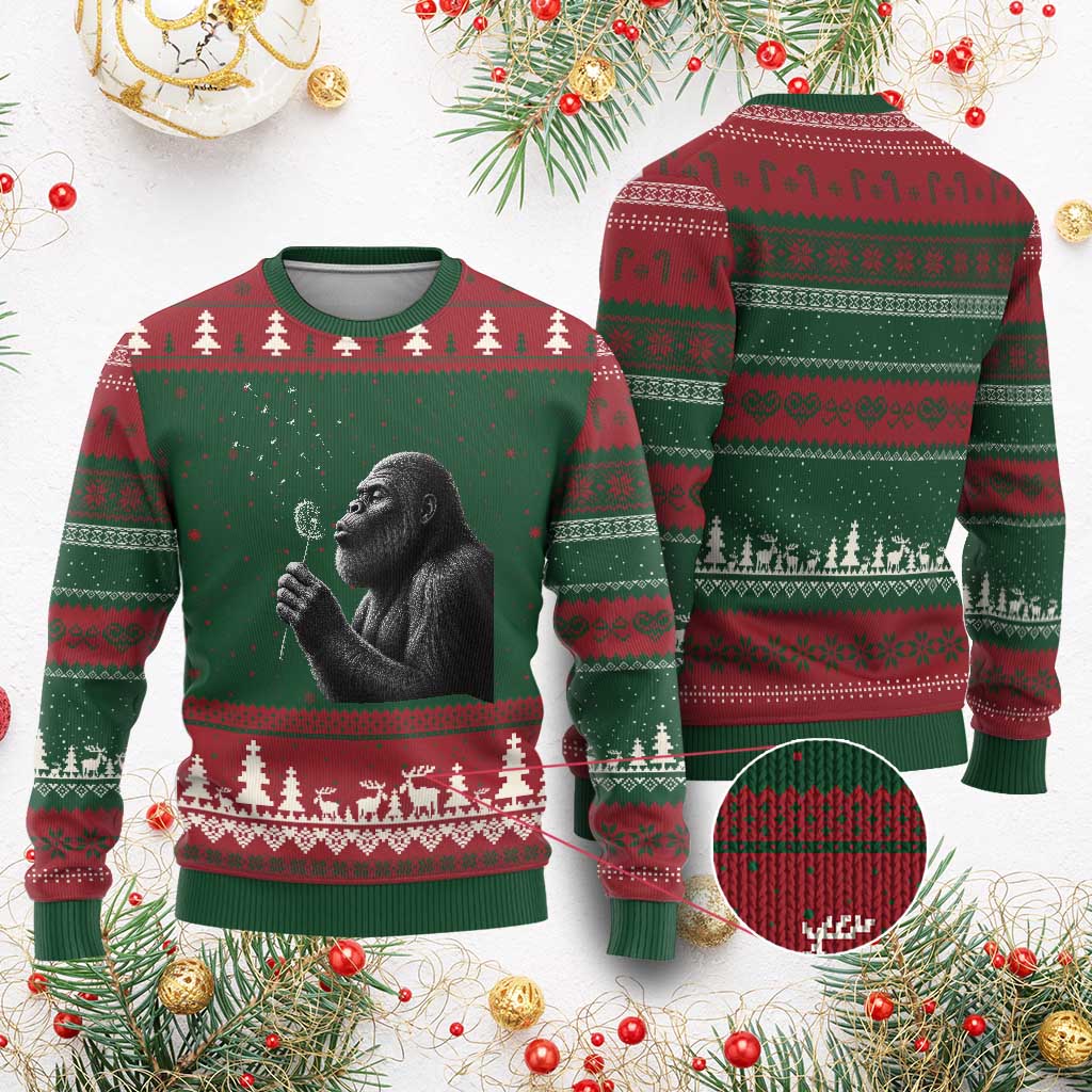 Bigfoot Blowing Dandelion Ugly Christmas Sweater Funny Sasquatch Making A Wish