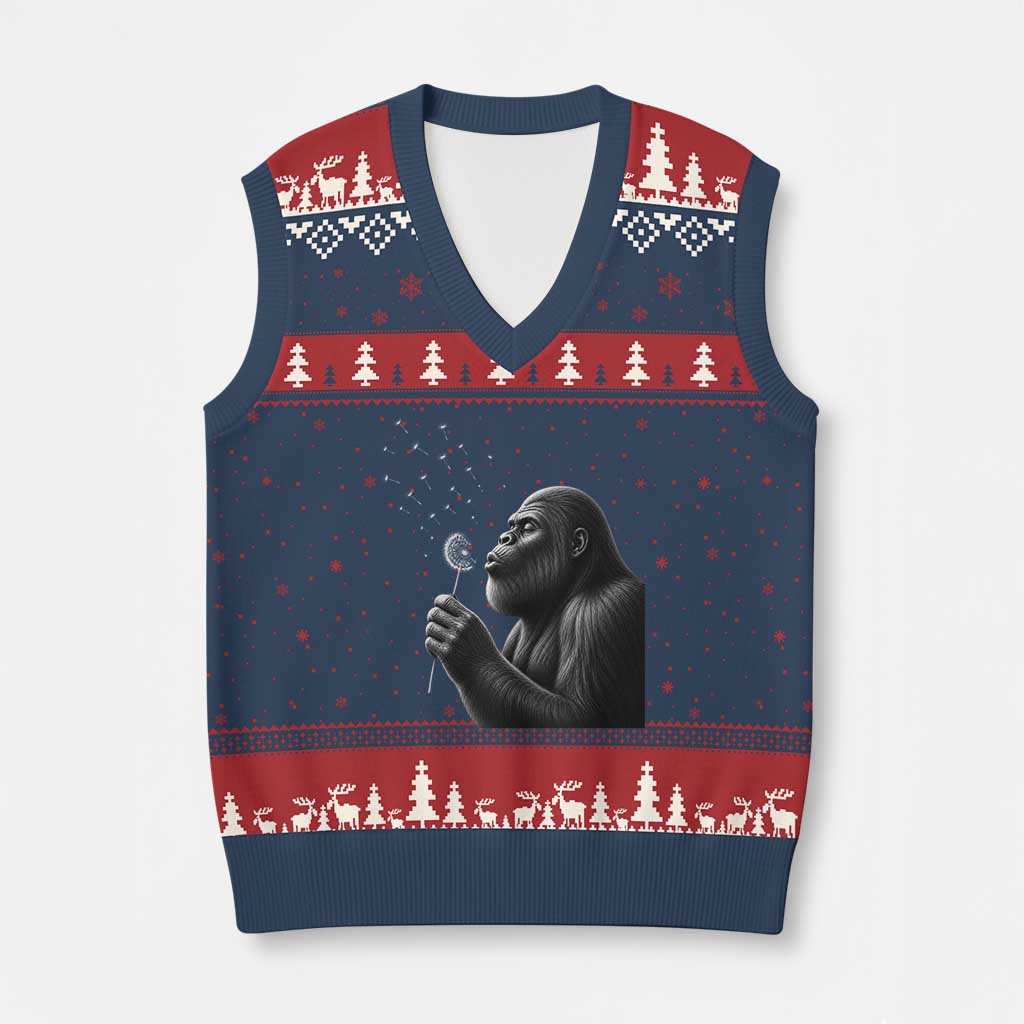 Bigfoot Blowing Dandelion V-Neck Knit Sweater Vest Funny Sasquatch Making A Wish