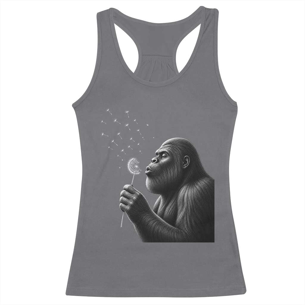 Bigfoot Blowing Dandelion Racerback Tank Top Funny Sasquatch Making A Wish