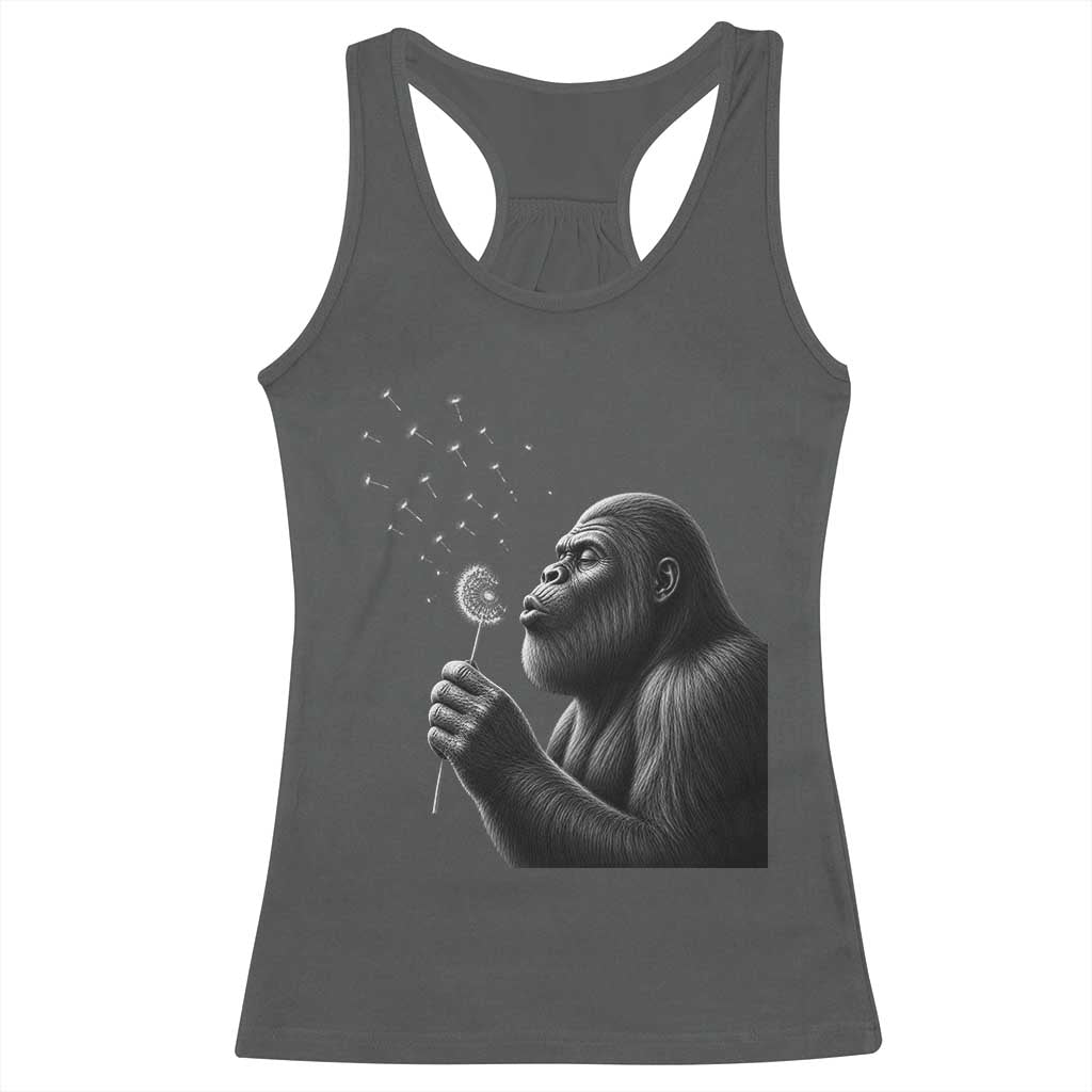 Bigfoot Blowing Dandelion Racerback Tank Top Funny Sasquatch Making A Wish