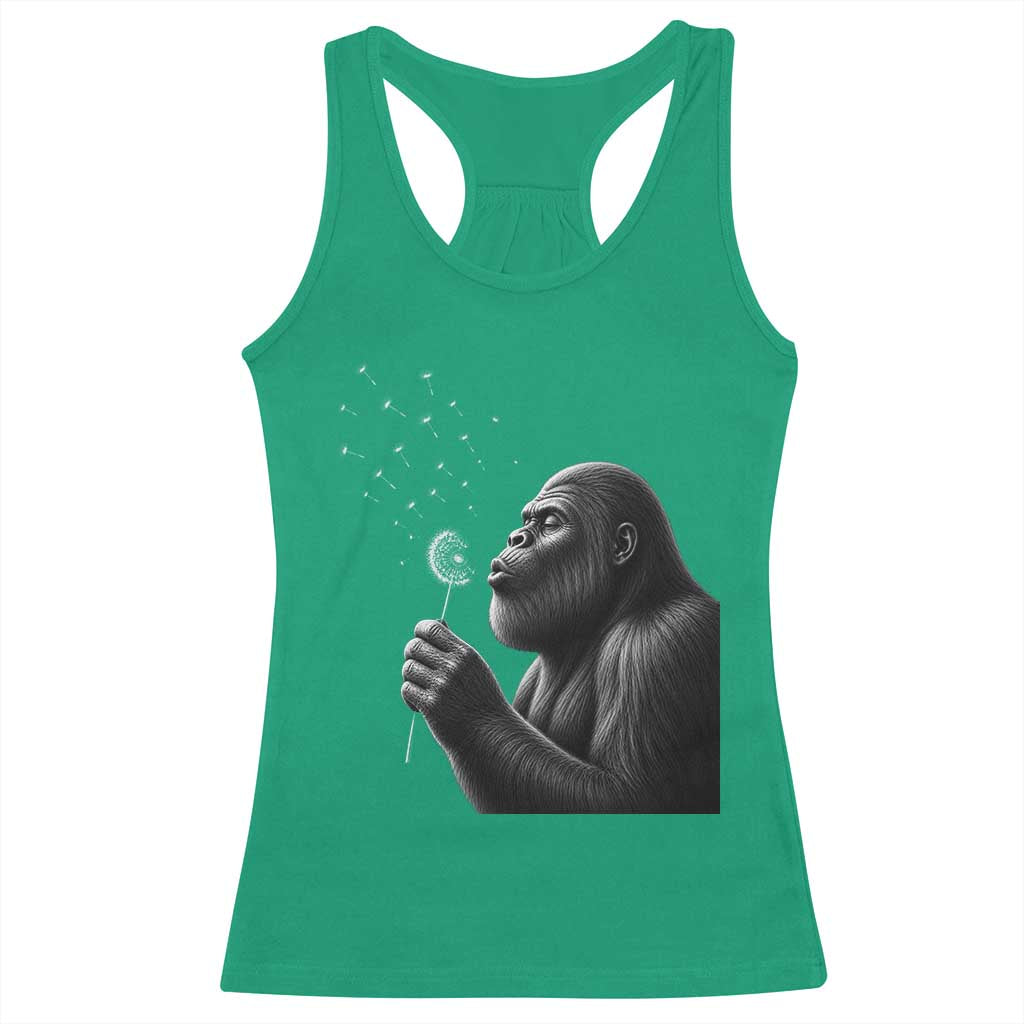 Bigfoot Blowing Dandelion Racerback Tank Top Funny Sasquatch Making A Wish