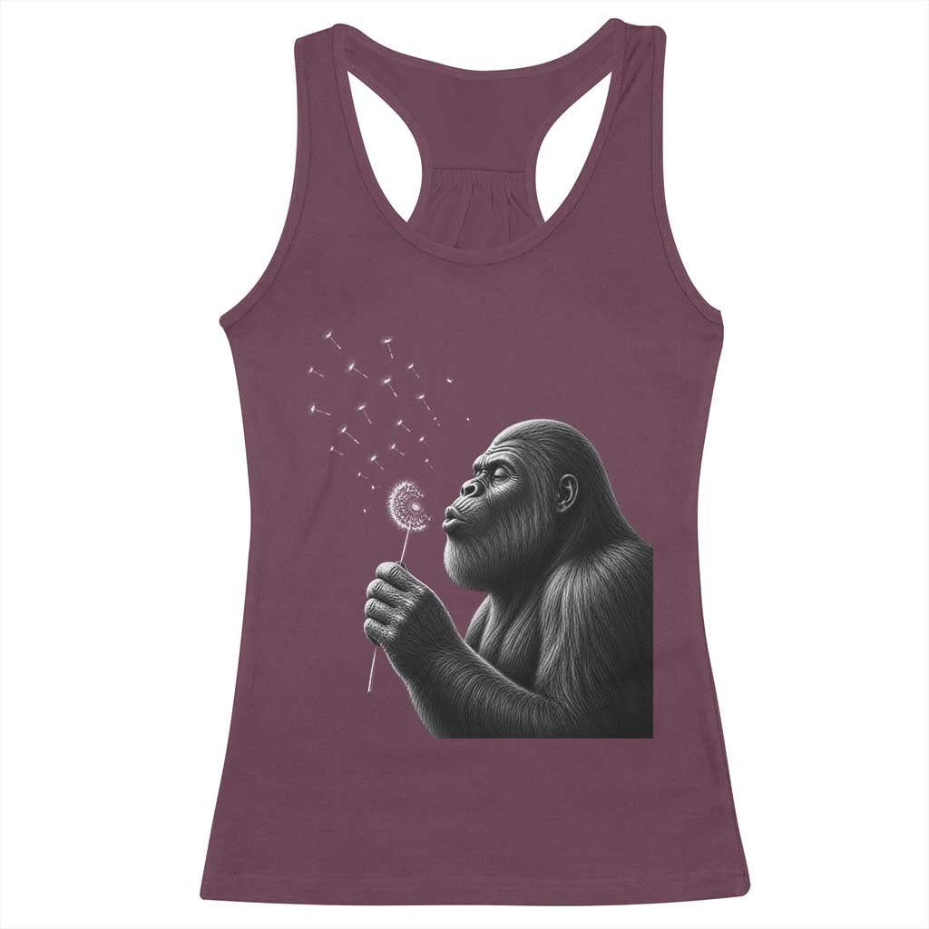 Bigfoot Blowing Dandelion Racerback Tank Top Funny Sasquatch Making A Wish
