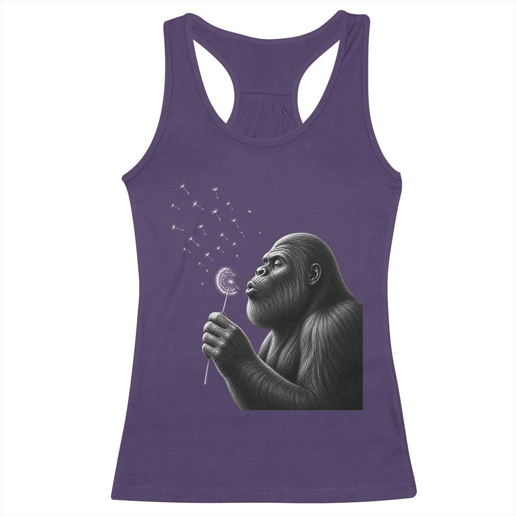 Bigfoot Blowing Dandelion Racerback Tank Top Funny Sasquatch Making A Wish