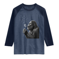 Bigfoot Blowing Dandelion Raglan Shirt Funny Sasquatch Making A Wish