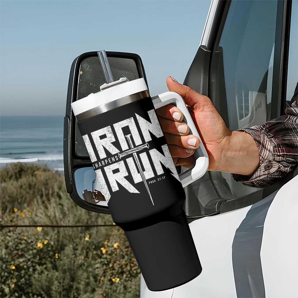 Iron Sharpens Iron Tumbler With Handle Christian Bible Scripture Gym Workout