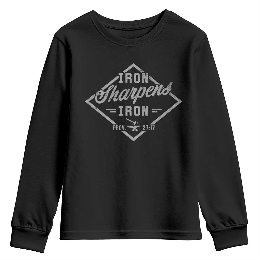 Iron Sharpens Iron Youth Sweatshirt Christian Faith Scripture Nail Jesus Cross