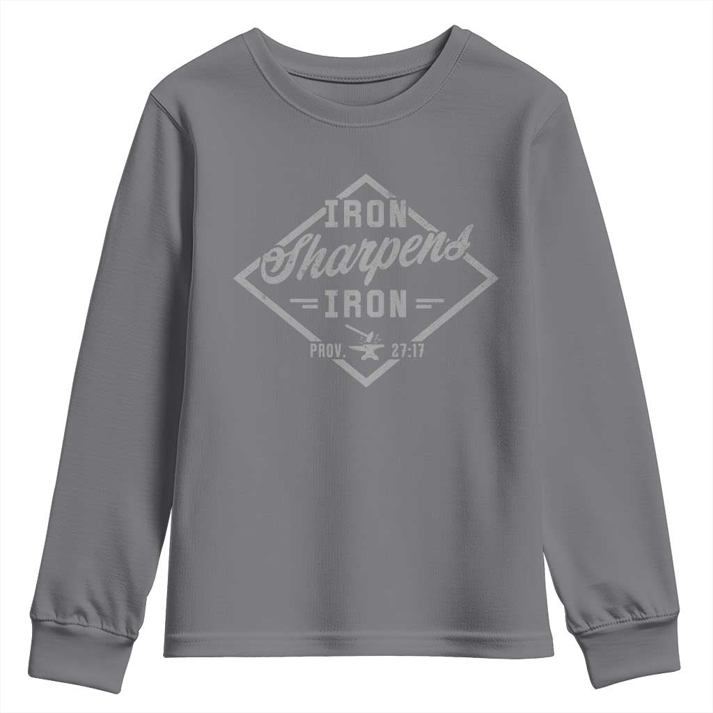 Iron Sharpens Iron Youth Sweatshirt Christian Faith Scripture Nail Jesus Cross
