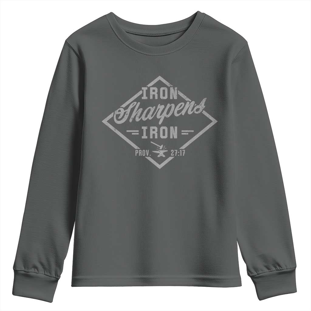 Iron Sharpens Iron Youth Sweatshirt Christian Faith Scripture Nail Jesus Cross