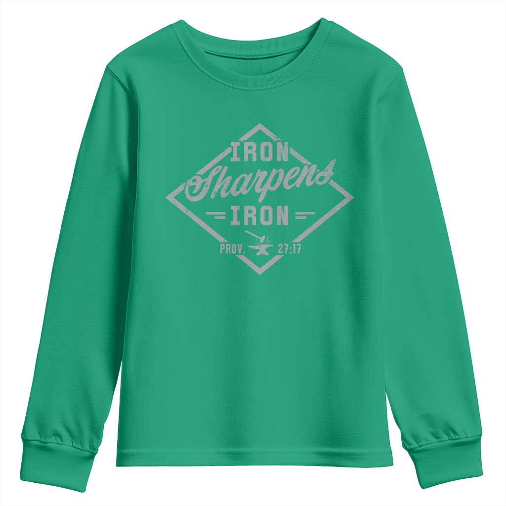 Iron Sharpens Iron Youth Sweatshirt Christian Faith Scripture Nail Jesus Cross