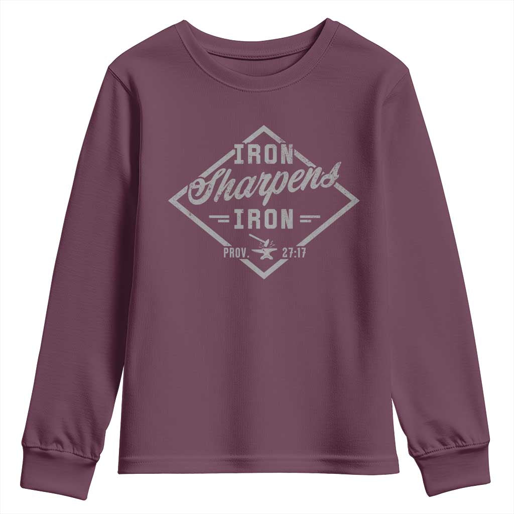 Iron Sharpens Iron Youth Sweatshirt Christian Faith Scripture Nail Jesus Cross
