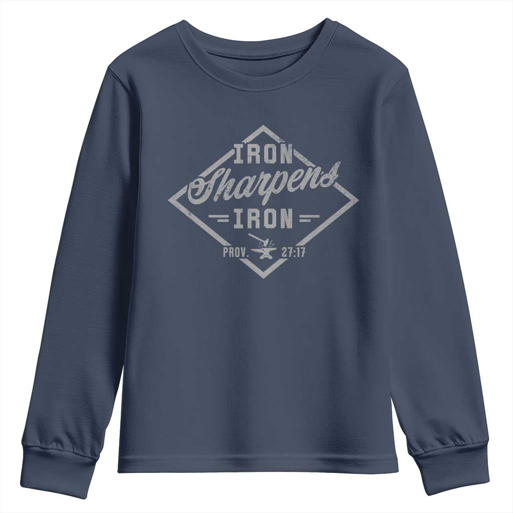 Iron Sharpens Iron Youth Sweatshirt Christian Faith Scripture Nail Jesus Cross