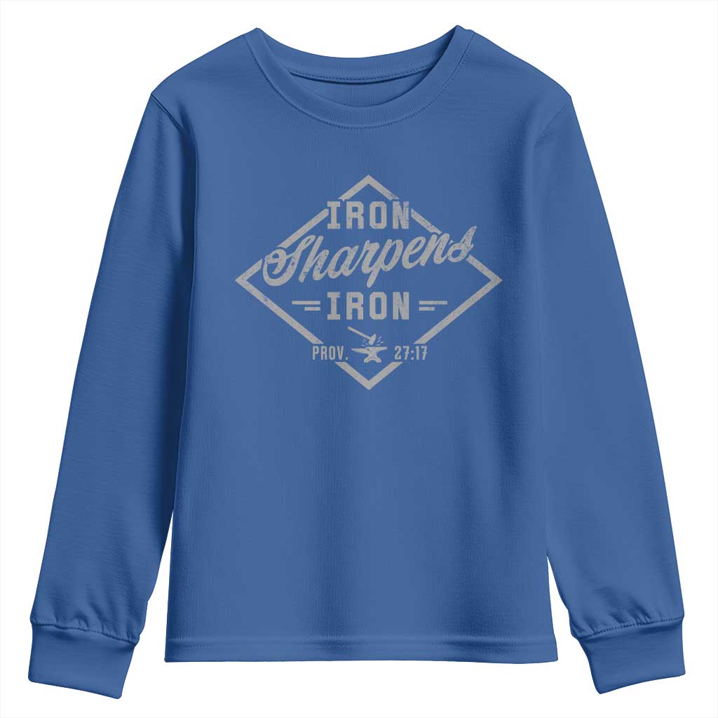 Iron Sharpens Iron Youth Sweatshirt Christian Faith Scripture Nail Jesus Cross