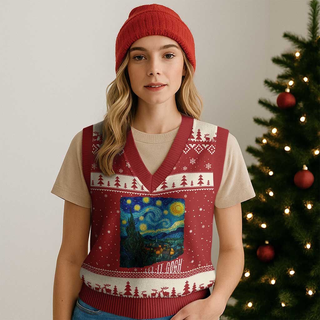 Let It Gogh Funny Vincent Van Gogh V-Neck Knit Sweater Vest Starry Night Design Art Lover
