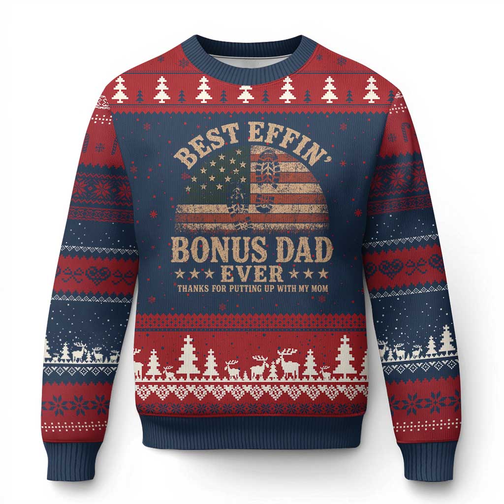 Best Effin Bonus Dad Ever Ugly Christmas Sweater Step Dad American Flag Father's Day Gifts