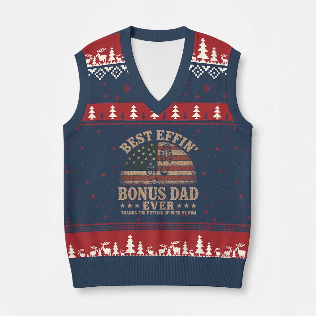 Best Effin Bonus Dad Ever V-Neck Knit Sweater Vest Step Dad American Flag Father's Day Gifts