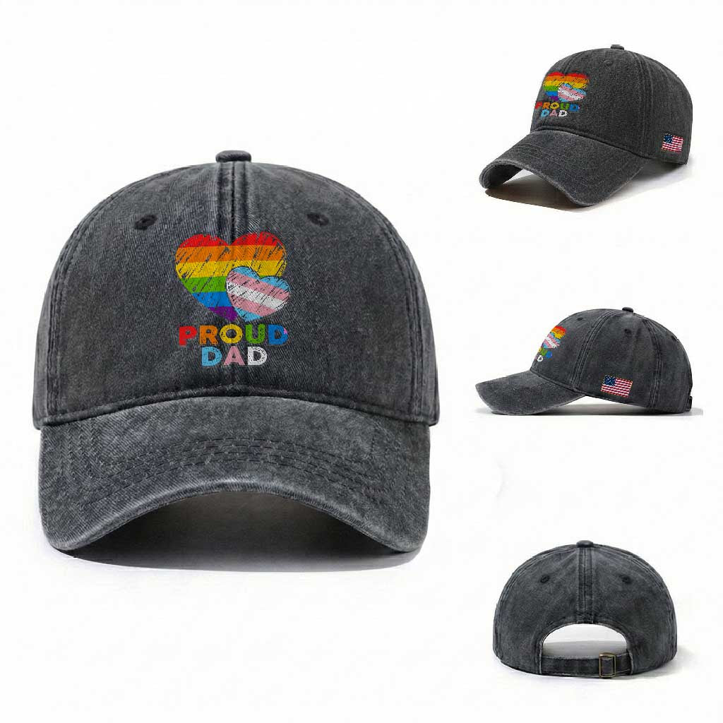 Funny Proud Dad LGBTQ Washed Cotton Baseball Cap LGBT Transgender Flag Heart Fathers Day