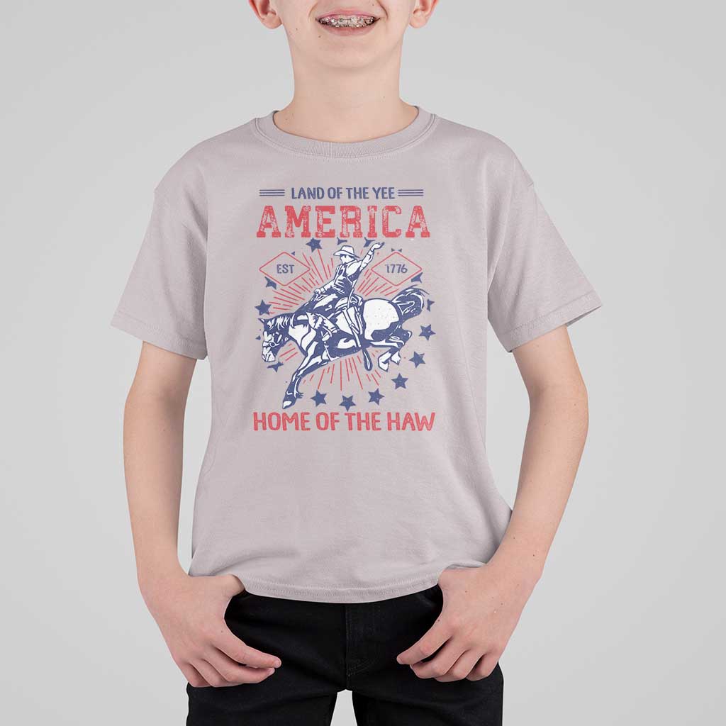 Funny 4th of July Western Cowboy T Shirt For Kid America Land Of The Yee Home Of The Haw - Wonder Print Shop