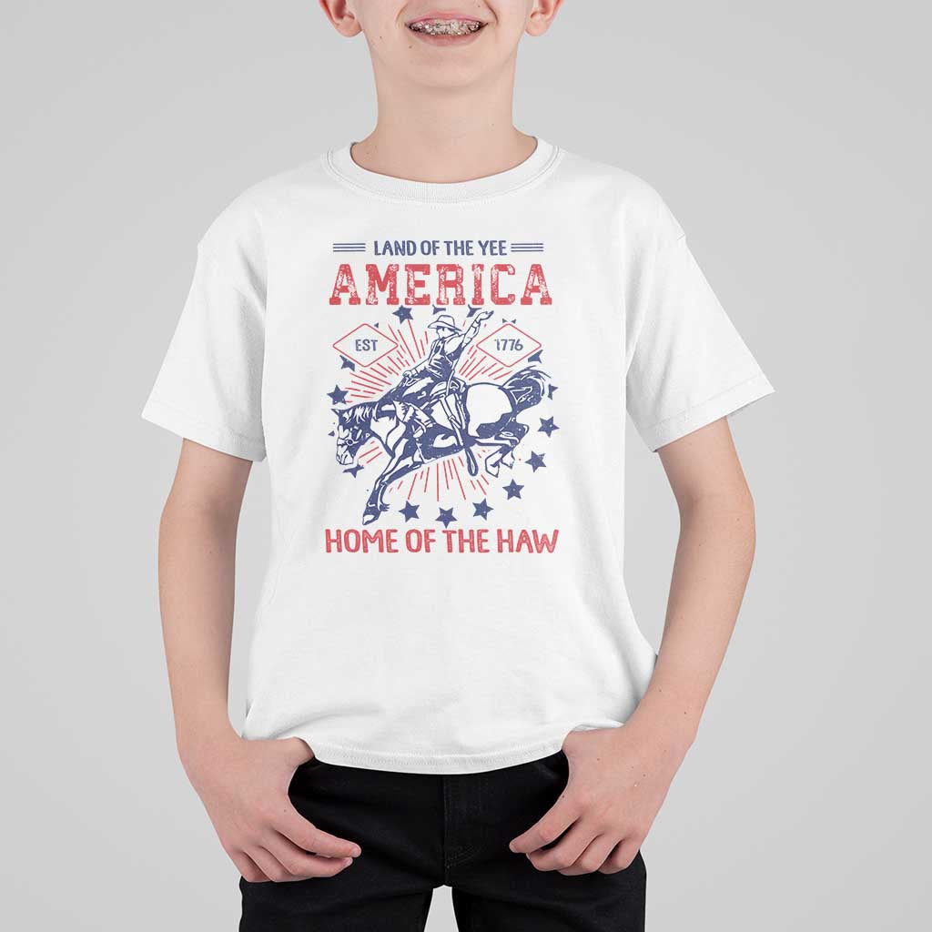 Funny 4th of July Western Cowboy T Shirt For Kid America Land Of The Yee Home Of The Haw - Wonder Print Shop
