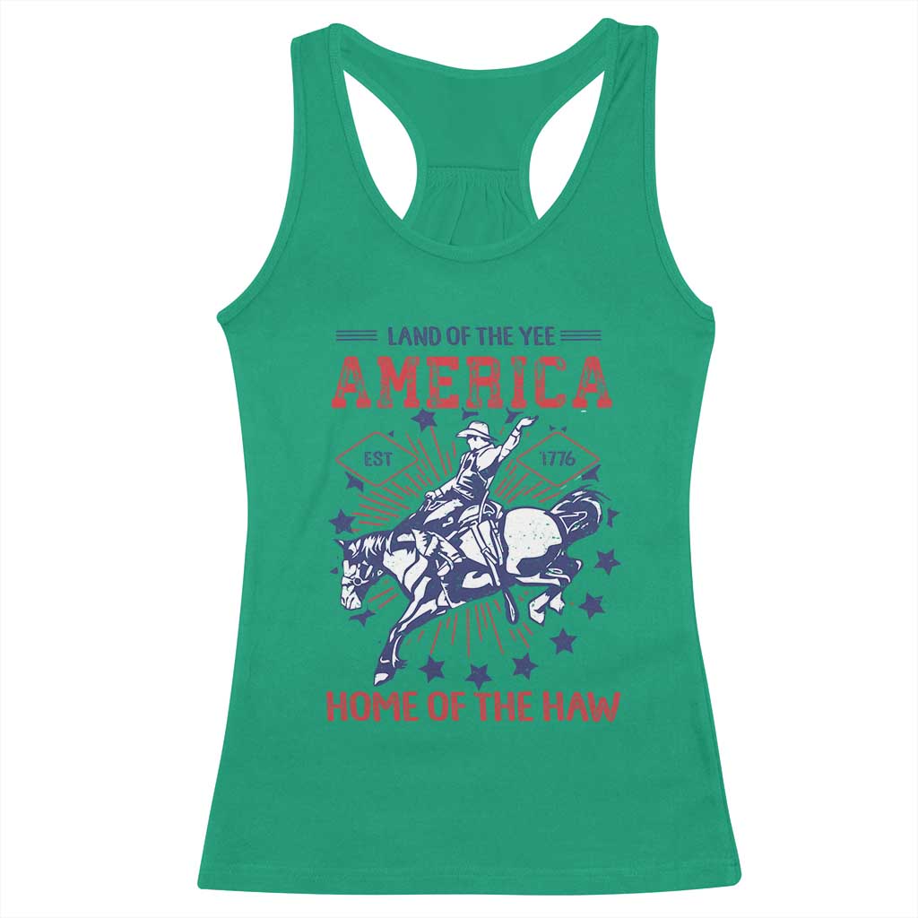Funny 4th of July Western Cowboy Racerback Tank Top America Land Of The Yee Home Of The Haw - Wonder Print Shop